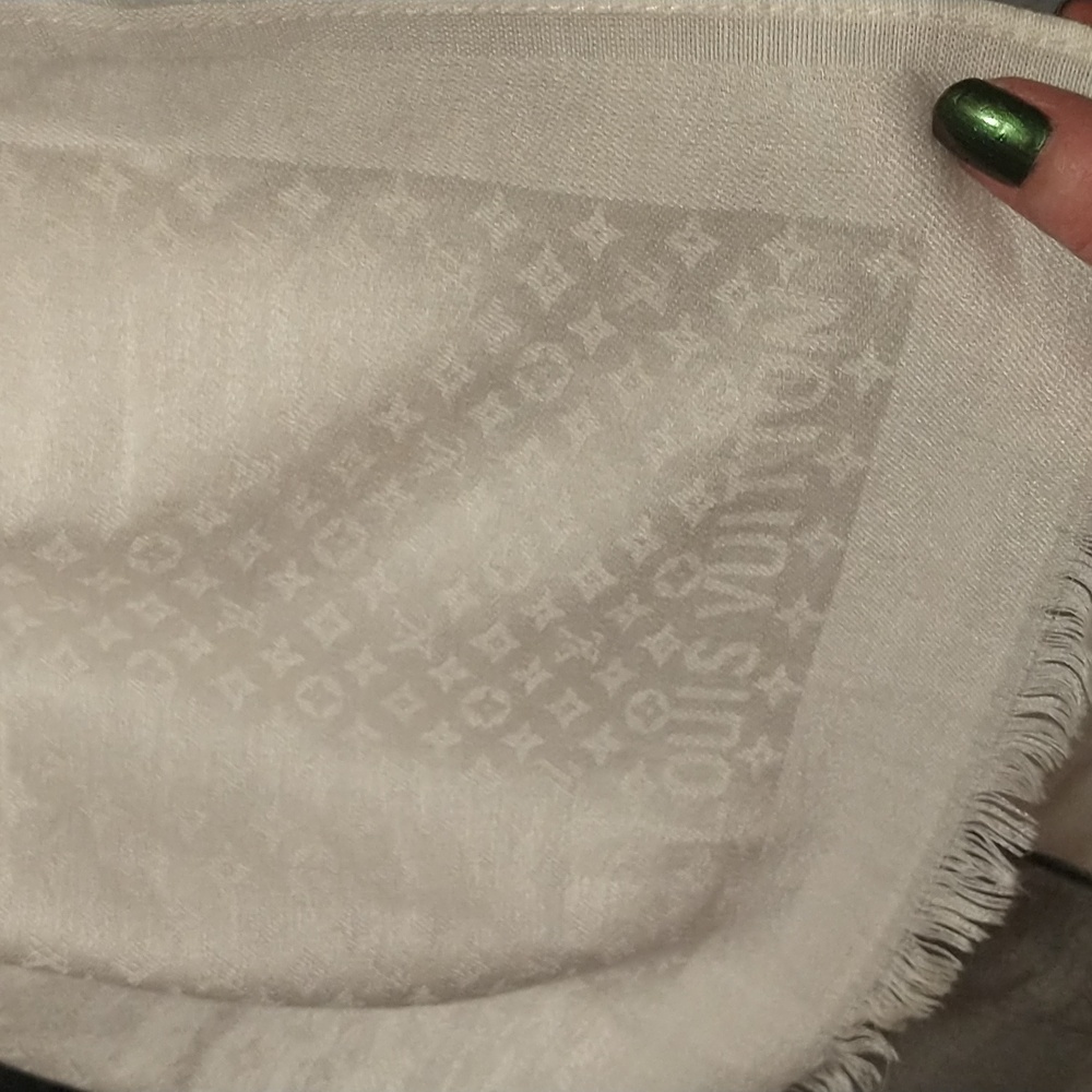 ISO!🙏 Louis Vuitton Monogram Jacquard Weave Ecru Wool Rectangular Fringe Scarf - Picture 1 of 17